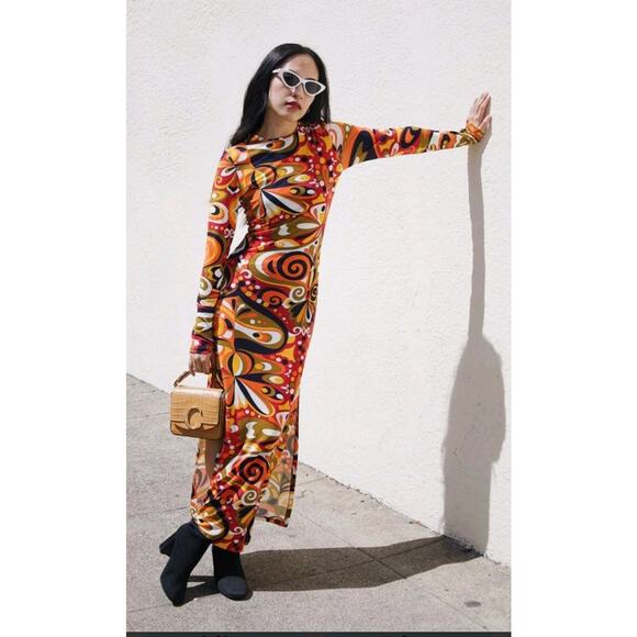 Zara Mod Printed Maxi Dress BodyCon Side Slits Stretch Retro 60s 70s Fitted XS - Picture 3 of 9